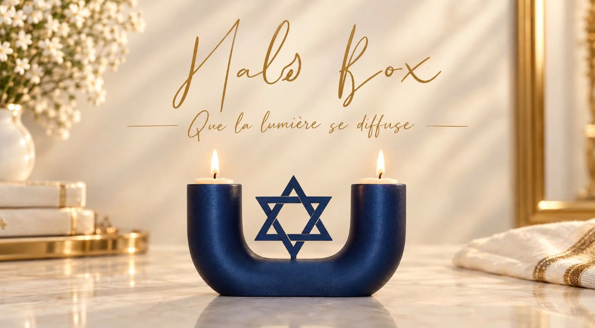 Halo Box, que la lumière se diffuse : bougeoir Arche bleu nuit à l'étoile de David, deux bougies allumées